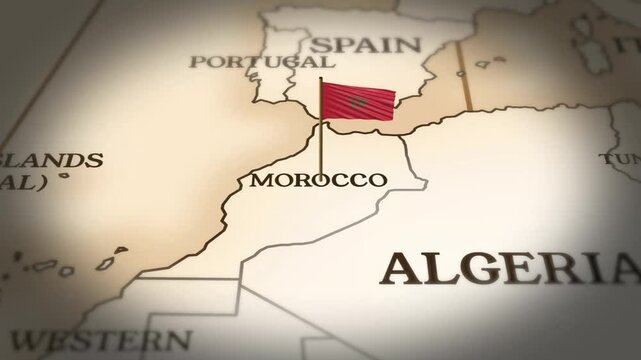 morocco flag showing on world map with 3D rendering