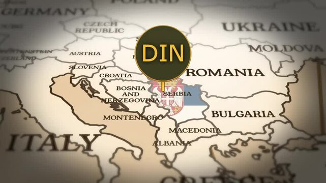Serbian dinar currency sign showing on world map with 3D rendering
