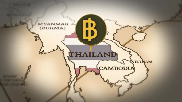 Thailand Thai baht currency sign showing on world map with 3D rendering