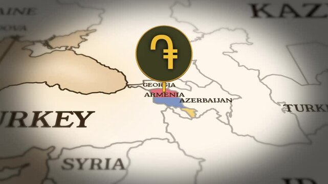 Armenian dram currency sign showing on world map with 3D rendering