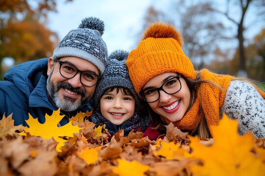 Autumn family portrait in a park, captured in a photo where a family poses among the fallen leaves in a park, with everyone dressed in cozy autumn attire and the vibrant colors of the season
