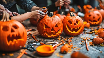 A bright and festive pumpkin carving contest with tools scattered across the table and a lineup of creative jack-o-lanterns