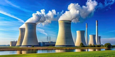 Obraz premium Blue sky backdrop to Doel's nuclear plant with cooling towers, featuring nuclear plant and cooling towers, blue sky