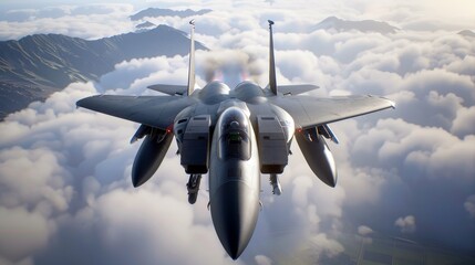 Fighter jet deploying flares while soaring above the clouds in a dramatic aerial display