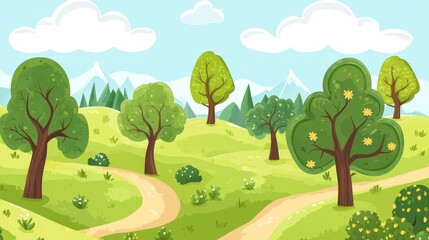 Naklejka premium Cartoon Spring Landscape with Trees Flowers Winding Path and Mountains