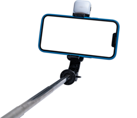 Selfie stick and smartphone on transparent background with transparent cut out screen.