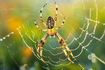close up spider hunting, detailed close up of a golden orb weaver spider spinning its web, dewy morning web in a garden, soft, diffused natural highing the web s