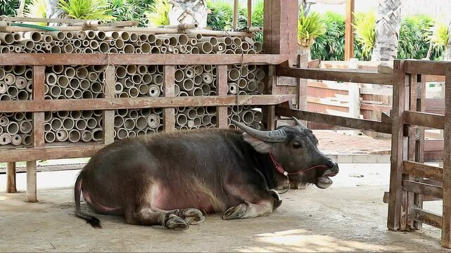 Footage of a Dwarf Buffalo Chewing the Cud in a Barn