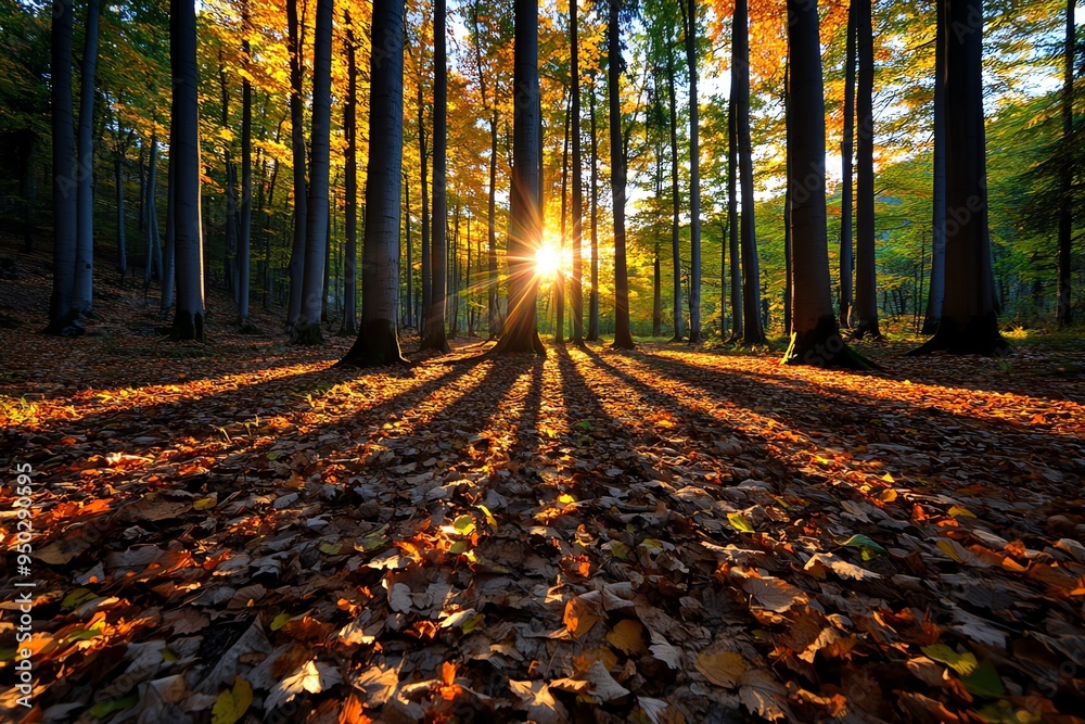 Poster autumn forest bathed in golden sunlight, illustrated in a serene scene where tall trees with colorfu