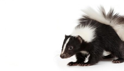 striped skunk - Mephitis mephitis - of live across much of North America possess highly developed musk filled scent glands to ward off predators. Isolated on white background with copy space
