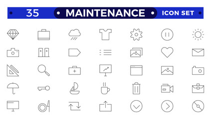 Maintenance Outline icons collection. Containing configuration, maintenance, service, tools, wrench, gear. For website marketing design, logo, app, template, ui, etc.