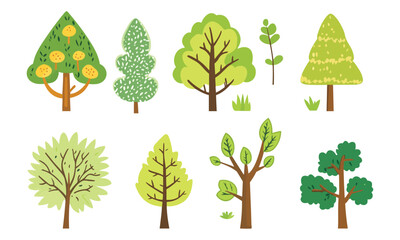 set of green trees vector collection on white background