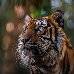 Obraz premium close up striking tiger with piercing eyes and detailed fur, softly blurred jungle background, natural with a focus on enhancing the tiger s vibrant stripes and