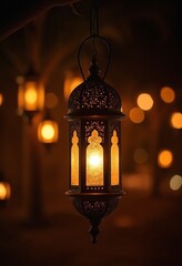 Moroccan lantern glowing at night. Glittering golden bokeh lights, blurred background. Ramadan Kareem, Eid ul Fitr muslim holida