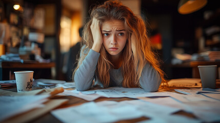 Fototapeta premium Young female College student frustrated and stressed out while studying.