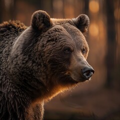 Fototapeta premium close up stunning brown bear with detailed fur and a serene look, gently blurred woodland setting, soft, golden enhancing the bear s features and fur texture, late