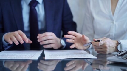 Diverse business people discussing contract papers before signing. Teamwork of lawyers