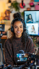 Fototapeta premium Woman livestreaming on social media from her home studio