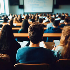 Back view of students in a lecture, classroom, college. Back to school.