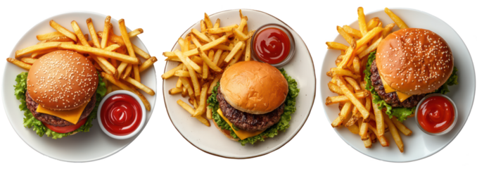 Set of Delicious Classic Burger with Crispy Fries and Ketchup, Perfect American Fast Food Meal for Food Photography and Restaurant Menus. Isolated on Transparent Background