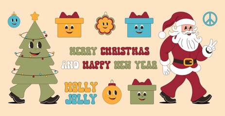 Naklejka premium Groovy Christmas. Set of Santa Claus, Christmas tree, gift, tree in trendy retro style. Vector stickers.