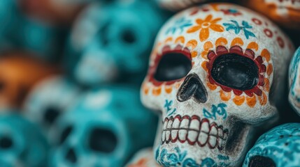 Naklejka premium A collection of brightly decorated sugar skulls showcasing intricate floral designs, emphasizing the cultural significance and artistic expressions of Día de los Muertos.