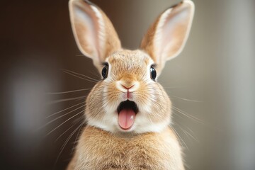 Obraz premium Adorable rabbit with expressive face, showcasing surprise and curiosity in a soft focus background. Perfect for nature themes.