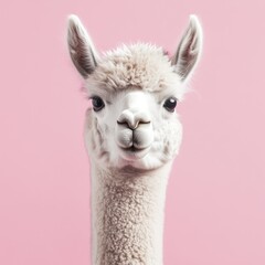 Obraz premium Cute little white funny alpaca isolated on tender pink background