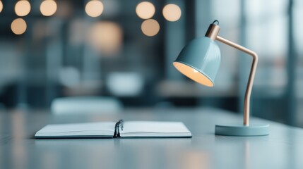 A close-up shot of an open notebook and a stylish, modern desk lamp on a table, showcasing an ideal setting for productivity and efficient work.
