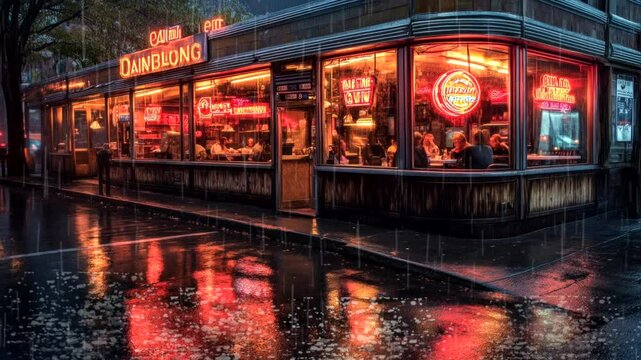 Retro diner with neon lights reflecting on a wet street during a rainy night. Seamless looping 4k time-lapse video background