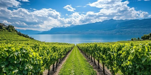 Naklejka premium A vineyard with a lake and mountains in the background.