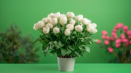 A white flower bouquet in a white pot with greenery in the background