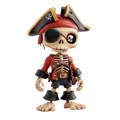 3D illustration of a pirate skeleton character with an eyepatch and pirate hat, perfect for Halloween and horror-themed designs.