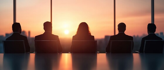 Business professionals silhouette against a sunset, representing teamwork and strategic planning in a corporate environment.