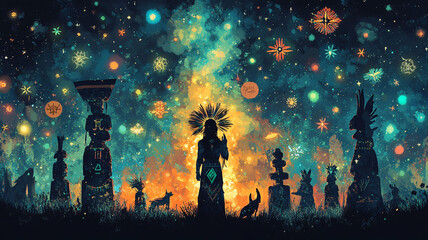 Illustration of an ancient shaman from a little-known culture under a starry sky