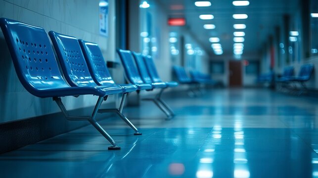 Empty chairs line a sterile hallway reflecting the overhead lights