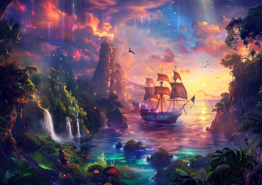 Magical wallpaper, inspired by neverland. Adventurous and positive feeling. Background for a social media or news post.