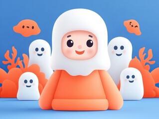 Obraz premium A playful cartoon character dressed in orange, surrounded by cute ghost figures and colorful shapes, perfect for Halloween themes.