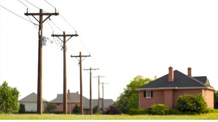 Obraz premium Row of wooden utility poles in front of houses
