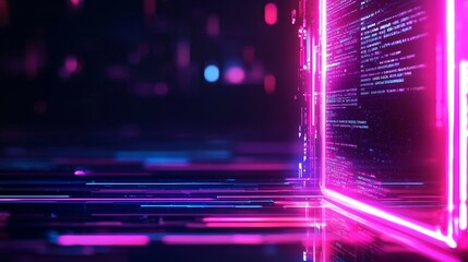 Search engine optimization, floating hologram interface, high-tech digital landscape, vivid neon colors