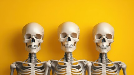 Three cheerful skeletons against a bright yellow background, perfect for Halloween themes, educational materials, or playful designs.