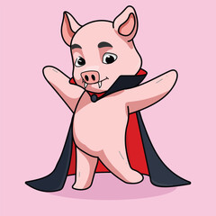 Chibi Vampire Pig Character in Cute Halloween Costume
