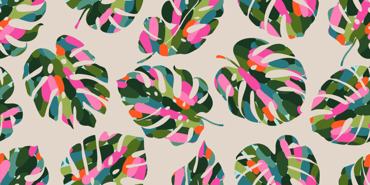 Fototapeta Abstract seamless tropical pattern with bright Monstera leaves on a light background, Hand drawn natural ornaments for textile, fabric, wallpaper, card, cover, poster, decoration.