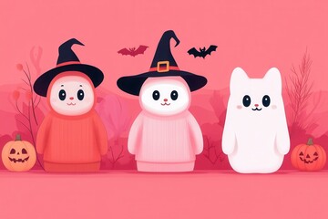 Obraz premium Three cute cartoon cats in witch hats on a festive Halloween background with pumpkins and bats.