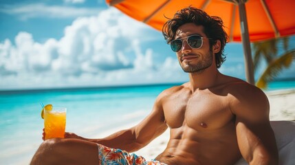 A shirtless man in sunglasses holds an orange drink under a beach umbrella with a scenic, turquoise ocean backdrop, Suitable for promoting beach resorts, summer vacations, or relaxation,