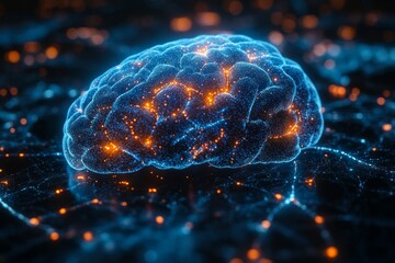  A projection of the human brain with firing neurons and connecting synapses against a dark background, representing cutting-edge neuroscience research. Generative AI