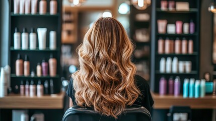 A woman with beautifully styled wavy blonde hair sits in a salon chair, surrounded by shelves filled with various hair care products, Ideal for advertisements or content related to hair styling