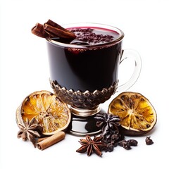 Winter evening with mulled wine, cozy ambiance, dark tones, isolated on white background