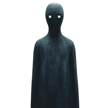Eerie dark figure with glowing eyes, emitting a haunting presence. Perfect for paranormal, horror, and mysterious themed projects.