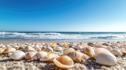 A close-up of seashells scattered across the sand, with the ocean waves and clear blue sky in the background.